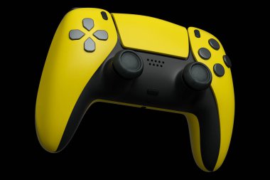 Siyah arka planda video oyunu kontrolörü için gerçekçi sarı joystick. Bulut oyunu ve oyun alanı çalışma alanı konsepti için 3 boyutlu görüntüleme