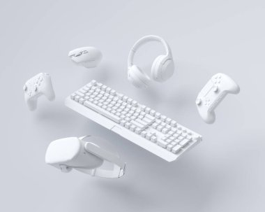 Klavye, kumanda kolu, joystick, kulaklık, video kayıt cihazı, arka planda mikrofon gibi uçan tek renkli vitesler. Canlı yayın konsepti için aksesuarların 3D yorumlaması