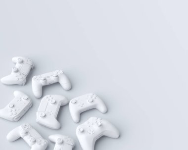 Beyaz arkaplanlı, tek renkli oyun kumandası ya da oyun altlığı seti. Canlı yayın konsepti üst görünümü için 3d aksesuar hazırlama