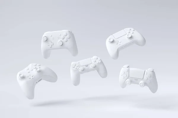 Joysticks Jogador Voador Gamepads Fundo Branco Com Borrão Renderização Acessórios — Fotografia de Stock