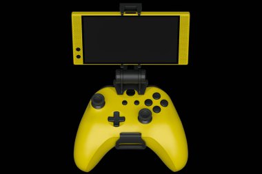 Siyah arkaplanda cep telefonuyla oyun oynamak için gerçekçi sarı joystick