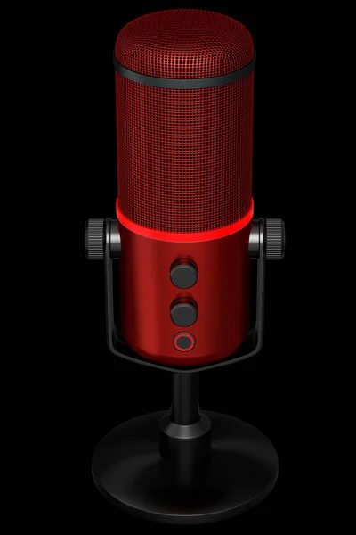 3D рендеринг красного студийного конденсатора микрофона на черном фоне — стоковое фото