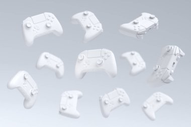 Uçan oyun joystickleri veya beyaz arka planda bulanık oyun blokları