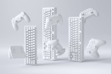 Beyaz arkaplanda uçan oyun kumandası ve klavye seti