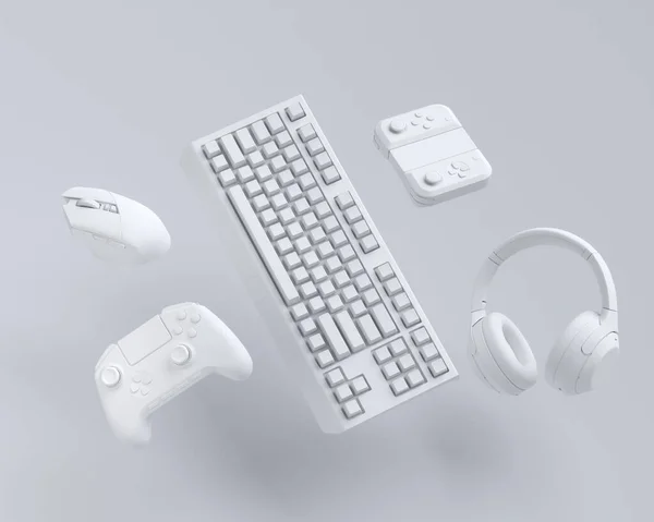 Giocatore volante ingranaggi come mouse, tastiera, joystick, auricolare, VR su bianco — Foto Stock