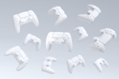 Uçan oyun joystickleri veya beyaz arka planda bulanık oyun blokları