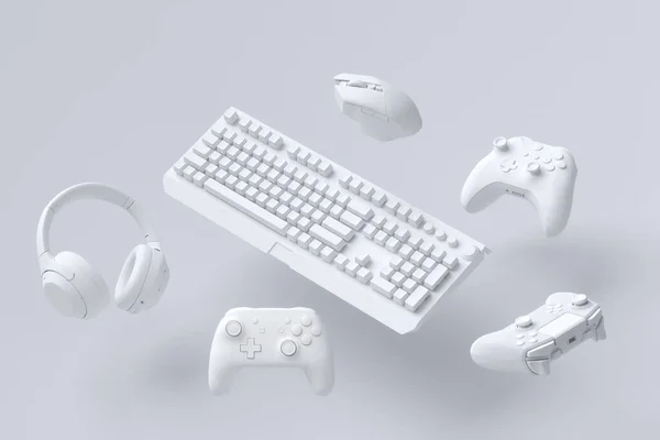 Létající hráč převody jako myš, klávesnice, joystick, sluchátka, VR na bílém — Stock fotografie