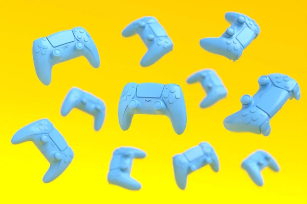 Joysticks gamer azul voador ou gamepads no fundo amarelo com borrão — Fotografia de Stock