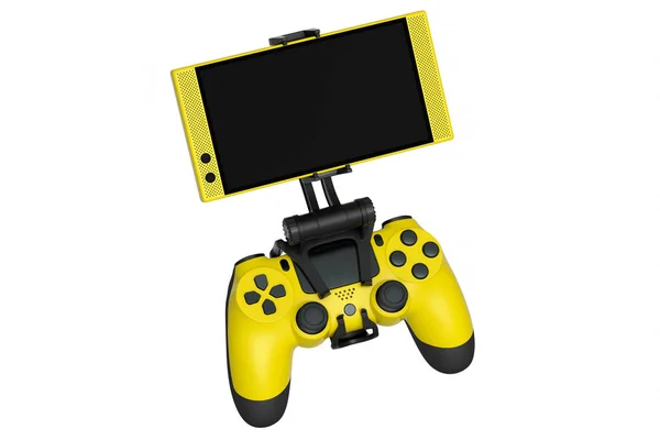 白い背景に携帯電話でゲームをプレイするための現実的な黄色のジョイスティック — ストック写真