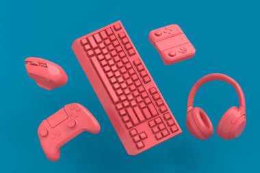 Fare, klavye, joystick, kulaklık, mavi ve pembe üzerine VR gibi uçan oyun vitesleri