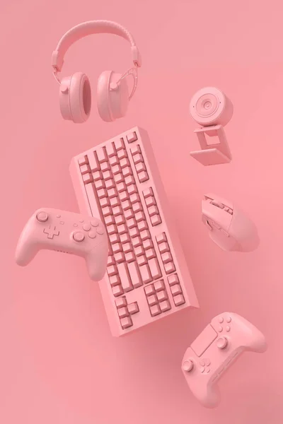 Engrenagens de jogador voador como mouse, teclado, joystick, fone de ouvido, VR, câmera web — Fotografia de Stock