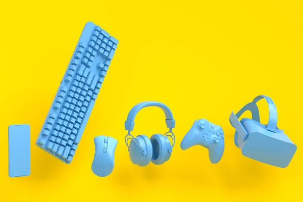 Fliegende Gamer-Geräte wie VR-Brille, Kopfhörer und Joystick auf gelbem Hintergrund — Stockfoto