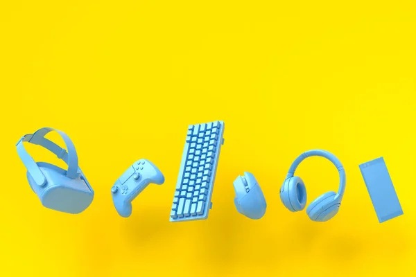 Engrenagens do jogador voador como mouse, teclado, joystick, fone de ouvido, VR no amarelo — Fotografia de Stock