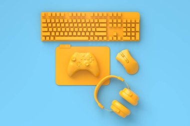 Oyun alanının üst görünümü ve fare, klavye, joystick, kulaklık gibi teçhizatlar