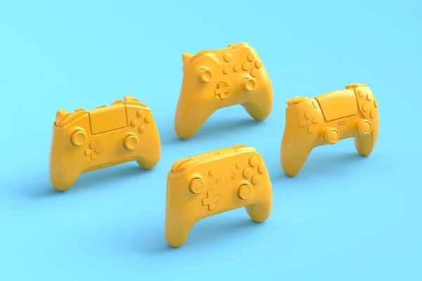 青と黄色の背景に立っているゲーマージョイスティックやゲームパッドのセット — ストック写真