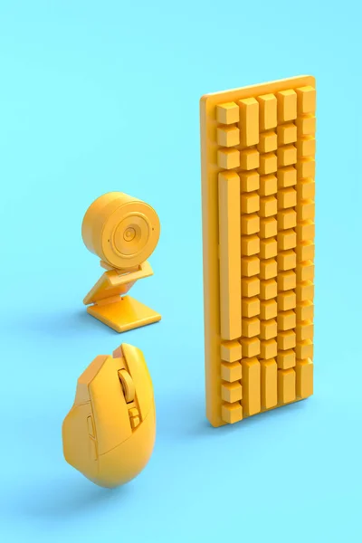 Engranajes de jugador de pie como ratón, teclado y cámara web — Foto de Stock