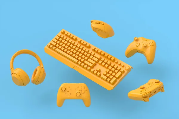 Engranajes de jugador volador como ratón, teclado, joystick, auriculares, VR —  Fotos de Stock