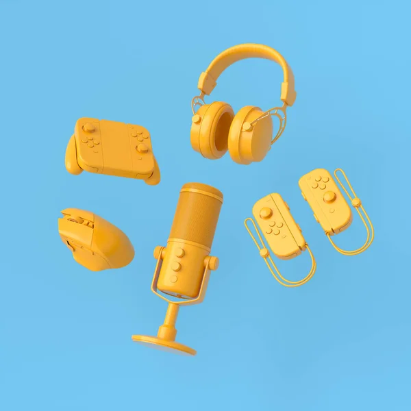 Engranajes de jugador volador como ratón, joystick, auriculares, gafas VR, micrófono — Foto de Stock