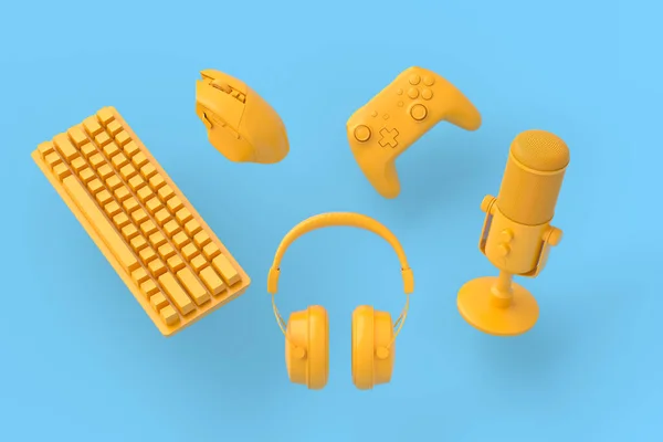 Engrenagens do jogador voador como mouse, teclado, joystick, fone de ouvido, VR, microfone — Fotografia de Stock