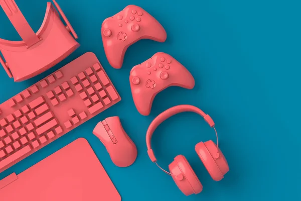 Bovenaanzicht van gamer werkruimte en versnelling zoals muis, toetsenbord, joystick, headset, VR — Stockfoto
