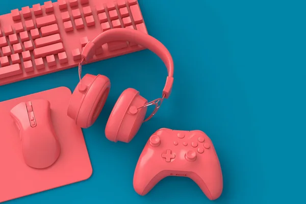 Bovenaanzicht van gamer werkruimte en versnelling zoals muis, toetsenbord, joystick, headset — Stockfoto