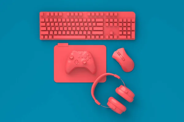 Visão superior do espaço de trabalho do jogador e engrenagem como mouse, teclado, joystick, fone de ouvido — Fotografia de Stock