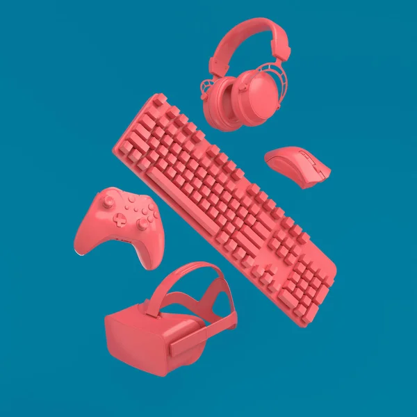 Flying gamer tandwielen zoals VR bril, hoofdtelefoon en joystick op blauw en roze — Stockfoto