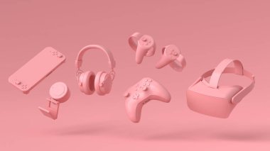 Fare, klavye, joystick, kulaklık, pembe üzerine VR gibi uçan oyun dişlileri.