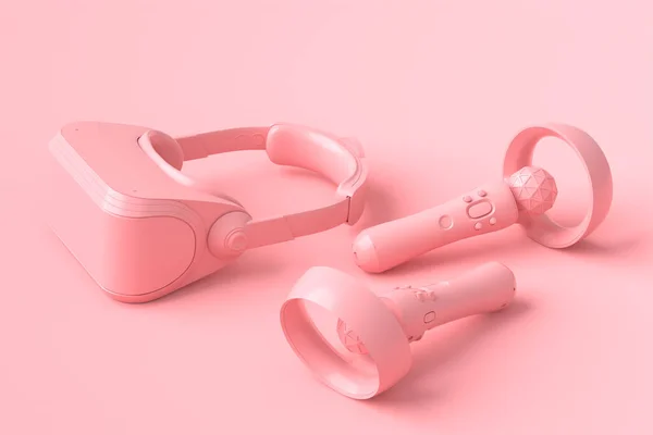 Γυαλιά εικονικής πραγματικότητας και χειριστήρια για online gaming σε ροζ φόντο — Φωτογραφία Αρχείου