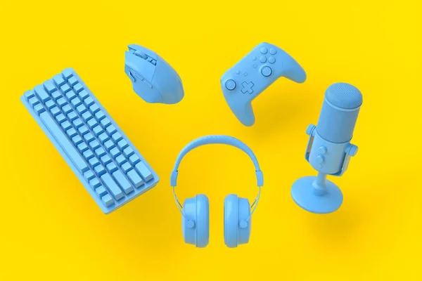 Engranajes de jugador volador como ratón, teclado, joystick, auriculares, VR, micrófono —  Fotos de Stock