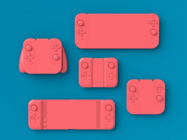 Mavi ve pembe arka planda monokrom oyuncularının joystickleri ya da oyun yastıklarının üst görüntüsü. Canlı yayın konsepti için aksesuarların 3D yorumlaması