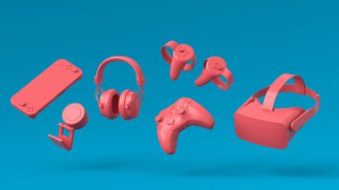 Fare, klavye, joystick, kulaklık, mavi ve pembe masa arkaplanlı VR kulaklık gibi uçan oyun monokrom dişlileri. Canlı yayın konsepti üst görünümü için 3d aksesuar hazırlama