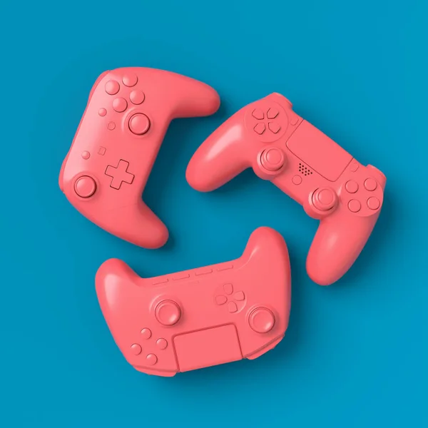 Conjunto Joysticks Jugador Monocromo Acostado Gamepads Sobre Fondo Azul Rosa —  Fotos de Stock