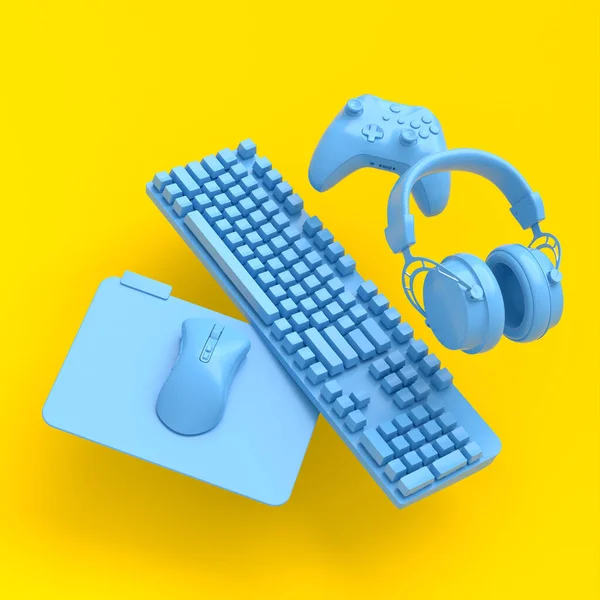 Vliegende Monochrome Blauwe Gamer Versnellingen Zoals Muis Hoofdtelefoon Toetsenbord Joystick — Stockfoto