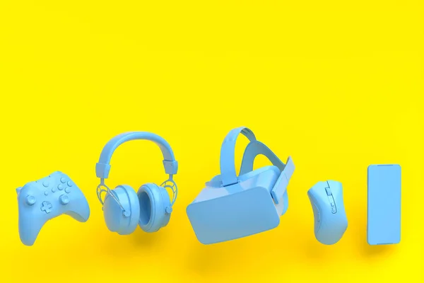 Voando Engrenagens Gamer Azul Monocromático Como Óculos Fones Ouvido Teclado — Fotografia de Stock