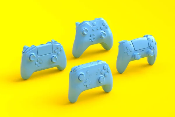 Conjunto Joysticks Gamer Monocromo Azul Pie Gamepads Sobre Fondo Amarillo —  Fotos de Stock