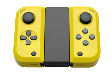 Beyaz arkaplandaki dokunmatik ekrana bağlı taşınabilir video oyun denetleyicileri. Çevrimiçi oyun için akıllı telefon için 3B oyun alanı oluşturma