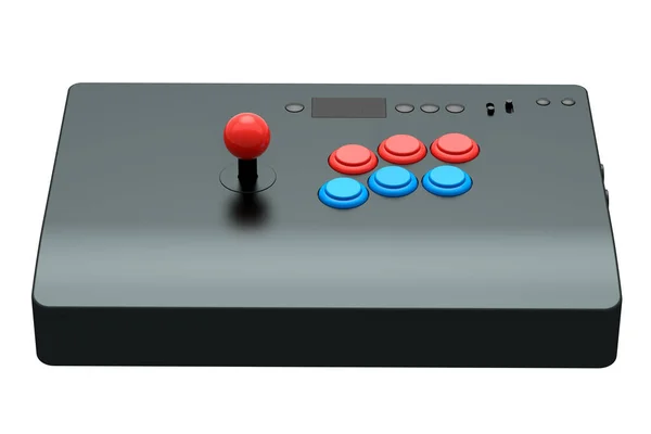 白い背景にジョイスティックとトーナメントグレードのボタンを持つヴィンテージアーケードスティック ゲーム機とゲーマーのワークスペースの概念の3Dレンダリング — ストック写真