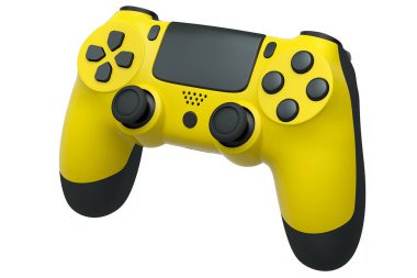 Beyaz arka planda gerçekçi sarı video oyunu joystick 'i. Bulut oyunu ve oyun alanı çalışma alanı konsepti için 3 boyutlu görüntüleme