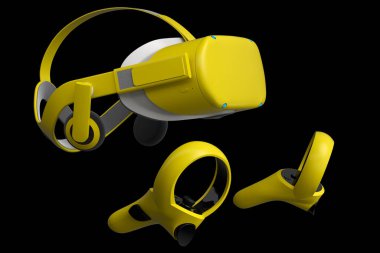 Virtual reality glasses and controllers for online and cloud gaming on black background. 3D rendering of device for virtual design in augmented reality or virtual gaming in VR clipart