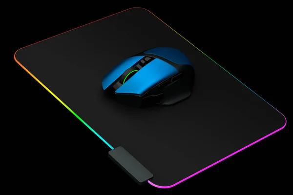 Modern Gaming Computer Mouse Professional Pad Isolated Black Background Rendering — Stock Photo, Image