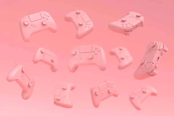Latające Joysticki Gracza Lub Gamepady Różowym Tle Rozmyciem Renderowanie Akcesoriów — Zdjęcie stockowe