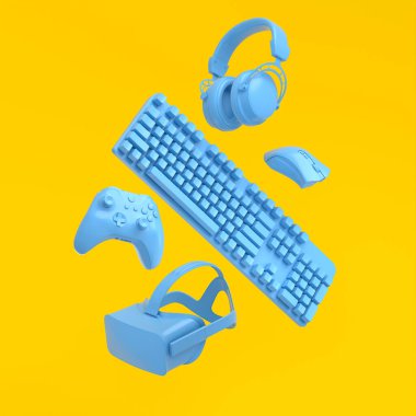 VR gözlükleri, kulaklıklar, klavye, fare ve joystick gibi uçan monokrom mavi oyun dişlileri sarı arka planda. Canlı yayın konsepti üst görünümü için 3d aksesuar hazırlama