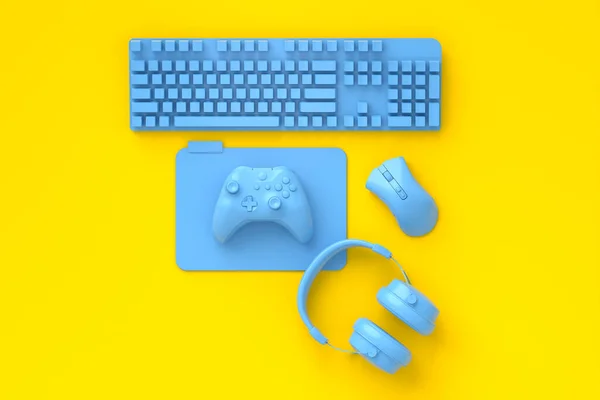 Bovenaanzicht Van Gamer Werkruimte Monochrome Blauwe Gear Zoals Muis Toetsenbord — Stockfoto