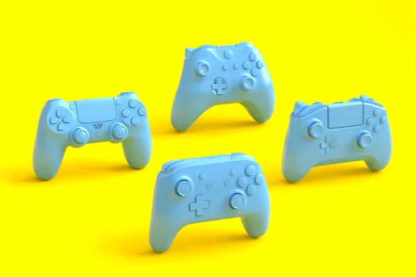 Set Van Monochrome Blauwe Staande Gamer Joysticks Gamepads Gele Achtergrond — Stockfoto