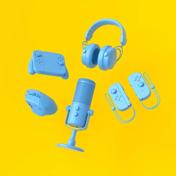 Flying Gamer Monochrome Blue Gears Mouse Joystick Headphones Glasses Microphone — Stock Photo, Image