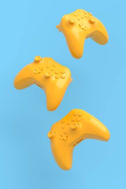 Mavi ve sarı arka planda uçan tek renkli oyun kumandası ya da oyun platformları. Canlı yayın konsepti üst görünümü için 3d aksesuar hazırlama