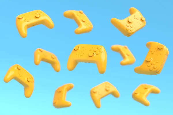 Flying Gamer Joysticks Gamepads Blue Yellow Background Blur Rendering Accessories — Stock Photo, Image