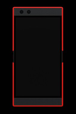 Boş ekranlı kırmızı akıllı telefonun ön görüntüsü, mobil oyun konsepti. Çevrimiçi oyunların 3B canlandırması