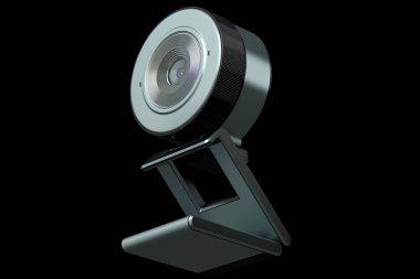 Web kamerası siyah arkaplanda izole bir şekilde duruyor güvenlik kamerasının çevrimiçi görüntüleme ve konferans için 3D görüntülenmesi